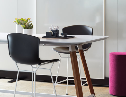 Rockwell Unscripted Tall Table counter table counter height Rustic Walnut Bright White laminate tapered sliding markerboard Upholstered Seat swivel stool Bertoia Molded Shell Barstool counterstool counter height shared spaces collaborat
