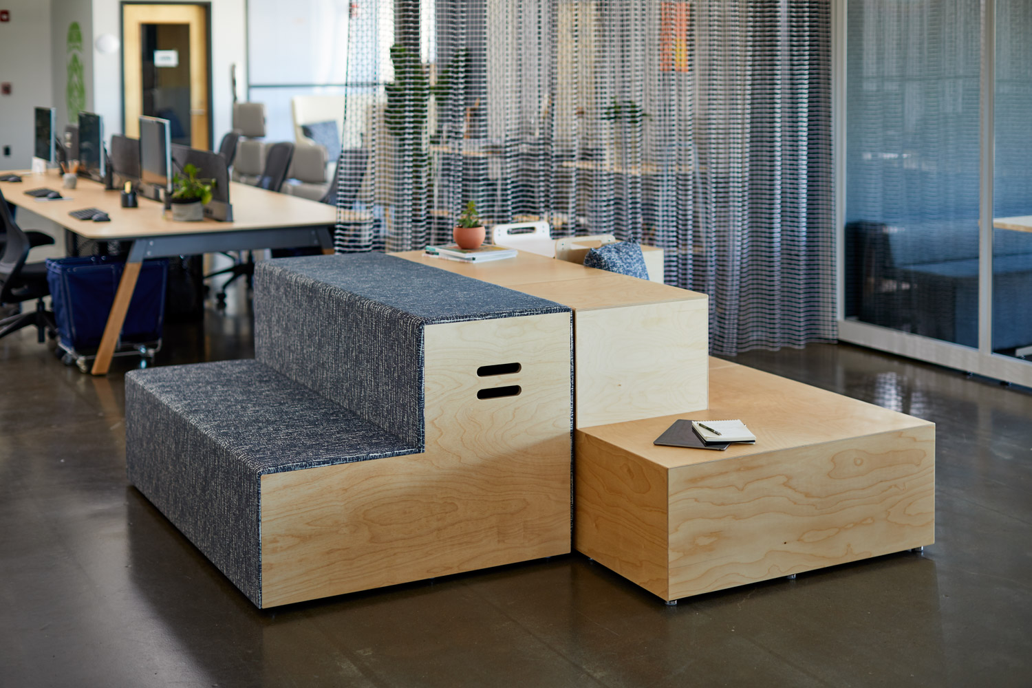 Rockwell Unscripted, upholstered steps, plywood steps, KnollTextiles drapery, Sawhorse Workbench, workstations, touchdown space, immersive planning, shared spaces, breakout space, commons space